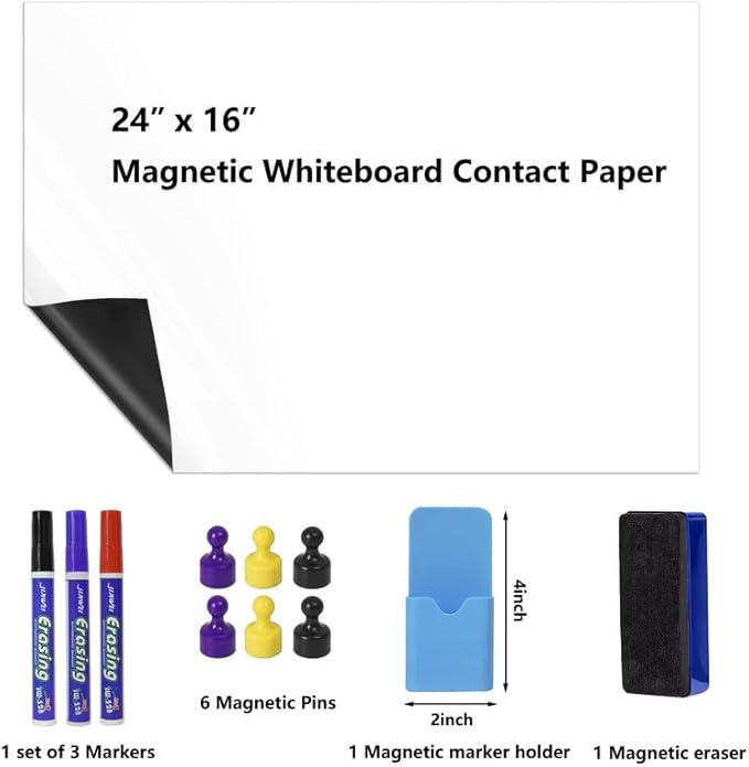 GMEHAR Magnetic Whiteboard Contact Paper, 24” x 16” Adhesive Dry Erase White Board for Wall,Peel and Stick Magnet Wallpaper for Home, Fridge, Kid’s Playroom, Office, Classroom