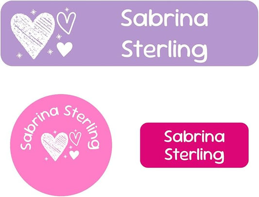 Name Bubbles - Kids Custom Name Labels for Daycare, School, Camp (144 Labels) - Personalized Waterproof Name Stickers for Clothes Tags, Lunch Boxes, Water Bottles, & School Supplies (Doodle Hearts)