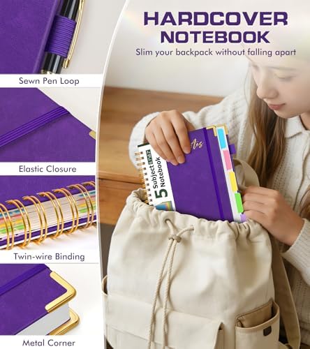 PAPEJOON Hardcover Spiral Notebook Journal with Removable Dividers Tabs, 300 Pages Organizer Notebooks for Work School, Leather 5 Subject Notebook College Ruled, Small Lined Journal for Women，Purple
