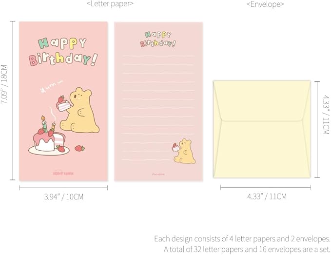 Monolike Storytown Momo Mini Letter Paper and Envelopes Set - 8Type, 32 Letter Paper + 16 Envelopes