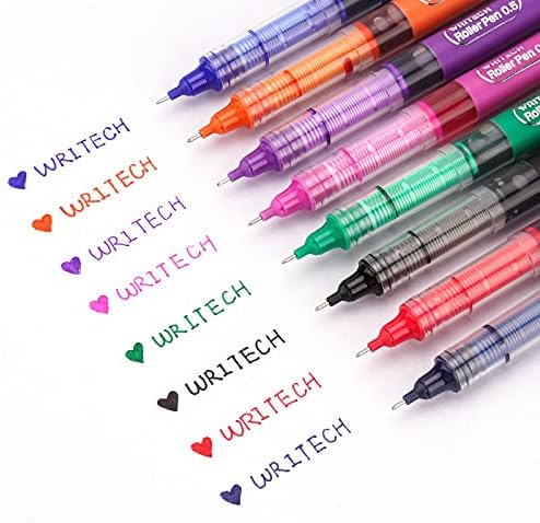 WRITECH Liquid Ink RollerBall Pens Quick Dry Ink 0.5 mm Extra Fine Point Pens 8 Pcs Rollering Pens Assorted Colors Ink for Writing, Taking Notes & Sketching (Multicolor)