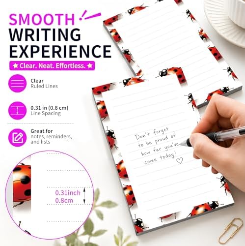 Lined Sticky Notes 4x6 in, 2 Pack Large Cute Notepads with Lines Self-Stick Note Pad, Funny Memo Pads Strong Adhesive for Office, Home Cute Ladybirds