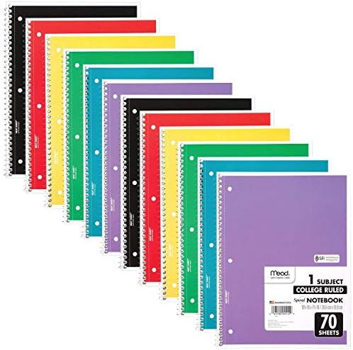 Mead Spiral Notebook, 12 Pack, 1 Subject, College Ruled Paper, 7-1/2" x 10-1/2", 70 Sheets per Notebook, Colors Will Vary (830063-ECM25)