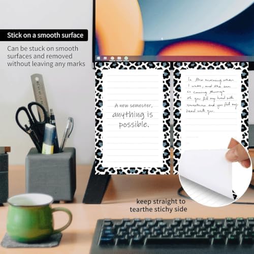 2 Pack Lined Sticky Notes 4x6 in, Cute Self-Stick Notepads with Lines, Large Memo Pads Strong Adhesive for Office, Home Black Grey Leopard