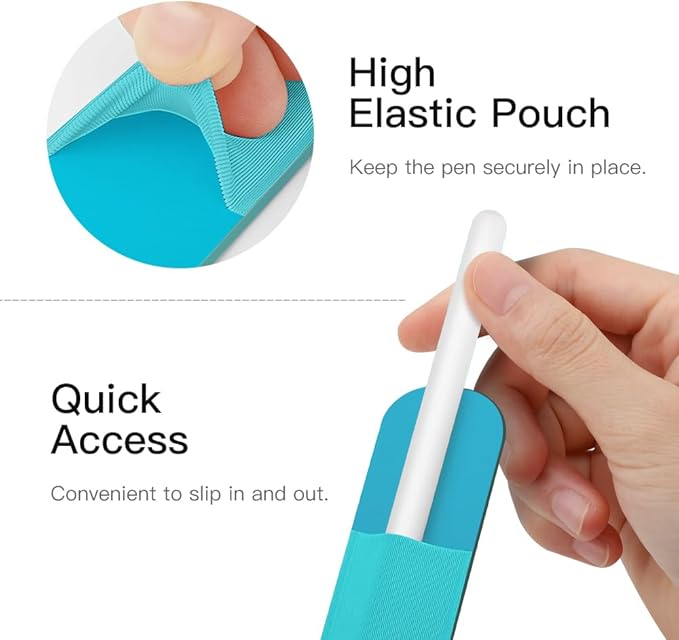 MoKo Pencil Holder Sticker Fit Apple Pencil Pro, Apple Pencil (USB-C), Apple Pencil 1st/2nd Generation, Elastic Pencil Pocket Pouch Adhesive Sleeve Attached to iPad Case for Stylus Pens, Cyan Blue