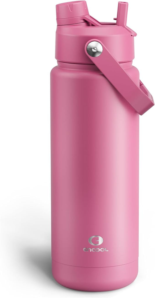 ENCOOL Insulated Water Bottle with Straw Stainless Steel Water Bottle, Leak-Proof, BPA-Free, Double Wall Vacuum Keeps Cold for 24 Hours for Sports, Travel, School (32 oz, Turkish Rose)