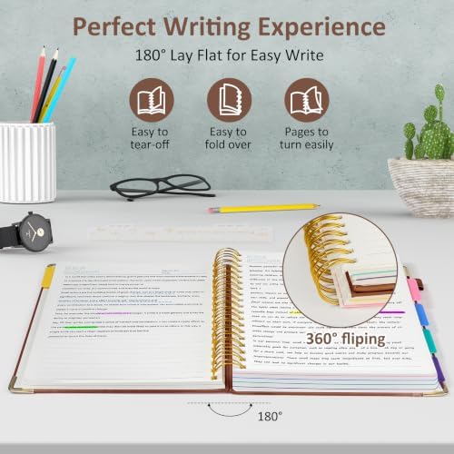 Hardcover Spiral Notebook Journal, 8"x10" Large B5 Notebooks with Removable Dividers Tabs, 300 Pages Leather 5 Subject Notebook College Ruled, Lined Journal for Women Work School Note Taking, Brown