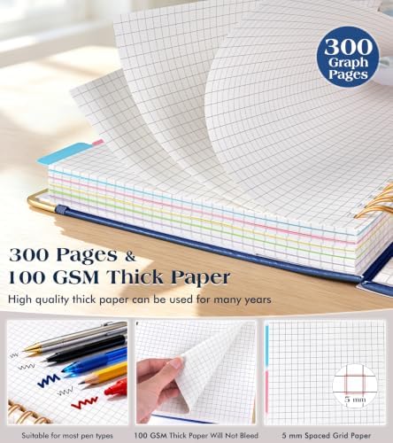 5 Subject Graph Paper Notebook with Removable Dividers Tabs, 300 Pages Hardcover Leather Grid Spiral Journal, 8"x10" B5 Large Graphing Notebooks for Women Men Work School College Engineering, Navy