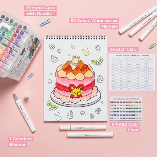 Ohuhu Adult Coloring Books Markers 60 Colors Water-based Dual Tips No Bleed