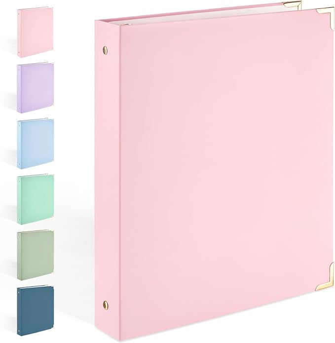 Sooez 3 Ring Binder 1 Inch with Metal Corner, Letter Size, Pink