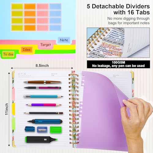 Spiral Journal Notebooks for Work, 300 Pages 5 Subject Notebook College Ruled with Dividers & Tabs, A4 Notebook Journal for Women Students Note-Taking and Organizer (Blushing Rose)
