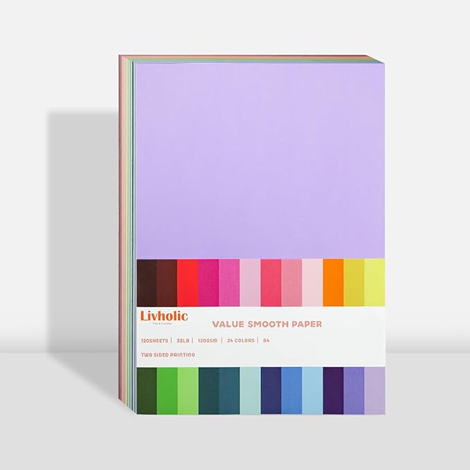 Livholic 120 Sheets Colored Card Stock Printer Paper, 120 GSM 32 lb 24 Colors Pastel Construction Paper for Scrapbook Office Printing DIY Craft 8.3x11.6 Inch (120GSM)