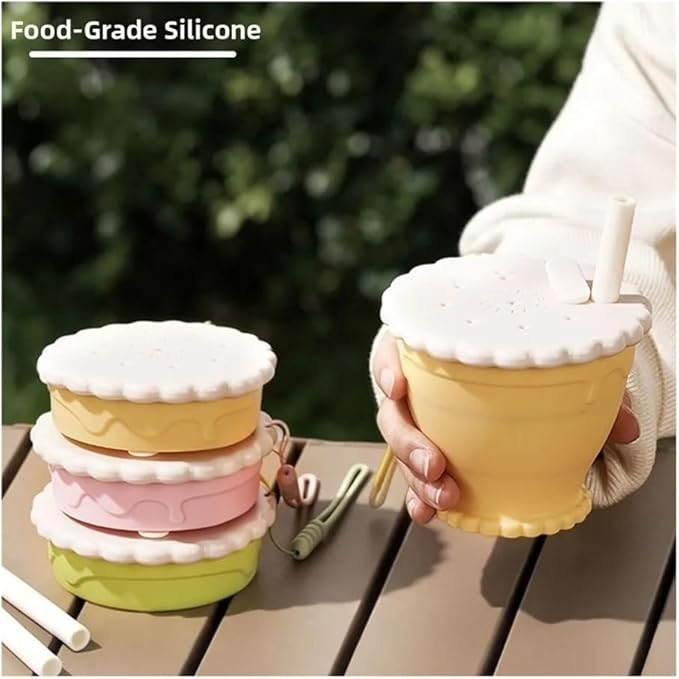 Portable Foldable Silicone Coffee Cup - 255ml Travel Water Cup for Kitchen, Dining, Sports & Outdoors(Pink-with straw)