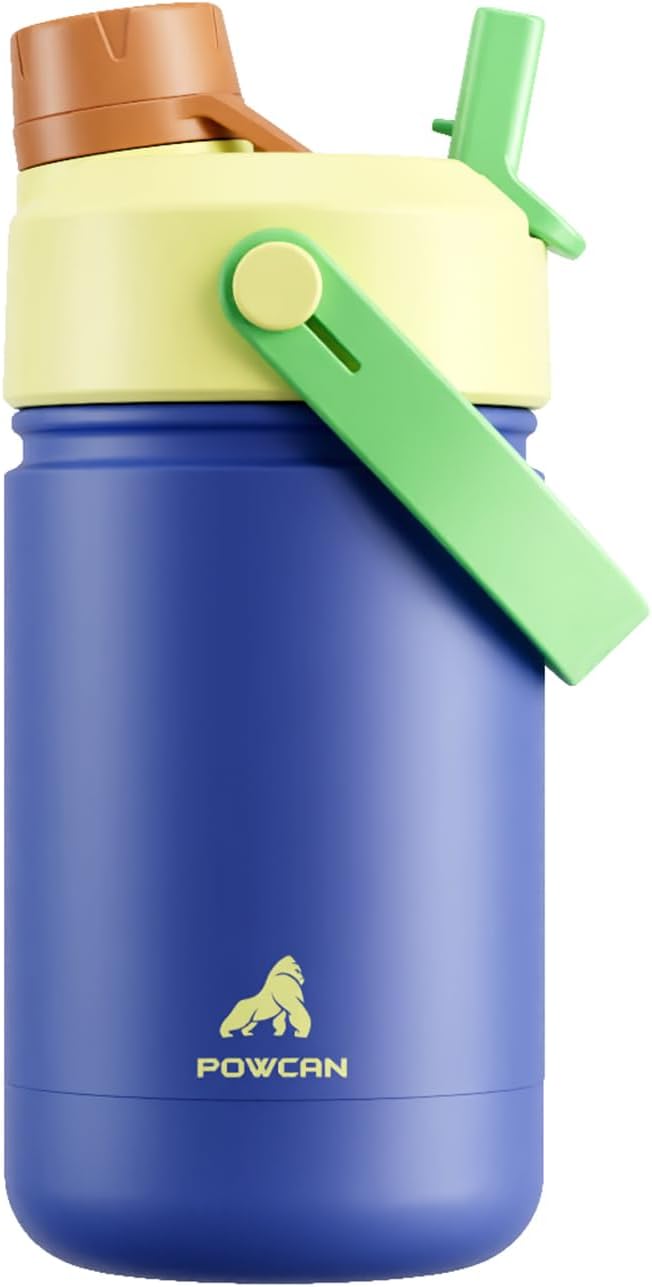 12 oz Kids Insulated Water Bottle: 2-in-1 Straw Spout Lid, Leakproof, BPA-Free, Cold 24H, Car Cupholder Friendly, Stainless Steel Cup for School, Trip, Birthday Gift for Boys Girls (Denim Jungle)