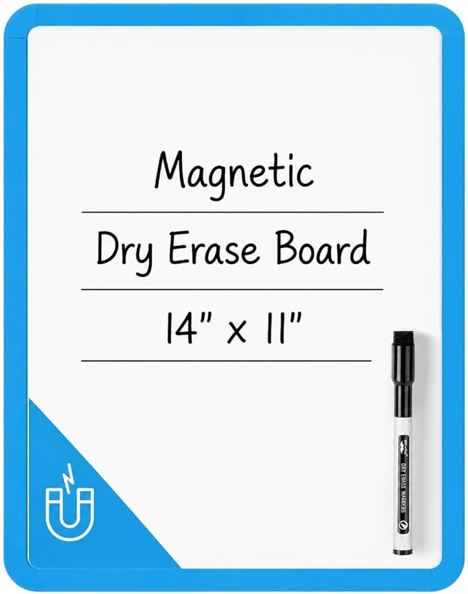 Mr. Pen- Dry Erase Board, 14” x 11” with a Black Dry Erase Marker, Blue Frame, Small Mini White Board for Students, Fridge, Wall, Locker, Includes Double Sided Tapes