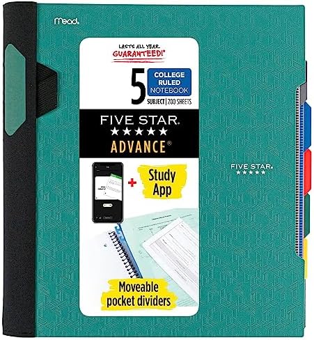 Five Star Advance Spiral Notebook + Study App, 5 Subject, College Ruled Paper, 8-1/2" x 11", 200 Sheets, Spiral Guard, Movable Tabbed Dividers, Seaglass Green (73148)