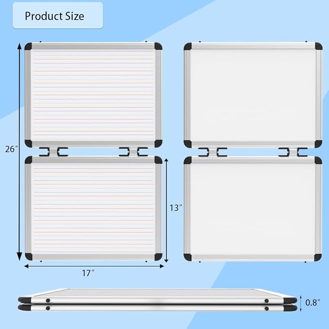 Dry Erase Board, 17x13 inch with 4 Sides Magnetic Whiteboard, A3 Foldable Small White Board with Lines, Perfect for Office, School, and Home. (Silver)