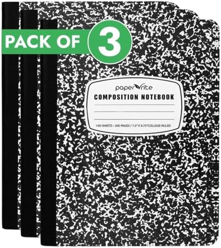 3 Pack Composition Notebook College Ruled Bulk, 56 GSM Paper, 200 Pages (100 Sheets), 9-3/4 x 7-1/2", Hard Cover College Ruled Notebook Bulk, Black Marble Composition Notebooks, Bulk School Notebooks