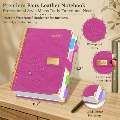 Hardcover Spiral Notebook 6.2''x 8.2'' College Ruled Notebook with Magnetic Closure, 300 Pages 5 Subject Notebooks with Pocket Dividers for Work School, A5 Leather Journal for Women, Men (Rose Purple)