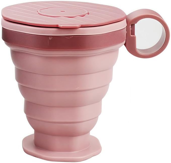 Foldable Silicone Water Cup with Leak-Proof Lid for Hot or Cold Drinks, Portable Coffee and Tea Mug for Hiking, Camping, Travel Outdoors, Easy to Clean and Pocket Size(Pink)