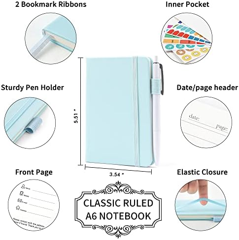 feela 3 Pack Pocket Small Notebook Journals, Mini Cute Memo Notepad Hardcover College Ruled Lined Journals with Pen Holder for Women Girls Office School, with 3 Black Pens, 3.5”x 5.5”, A6, Sky Blue