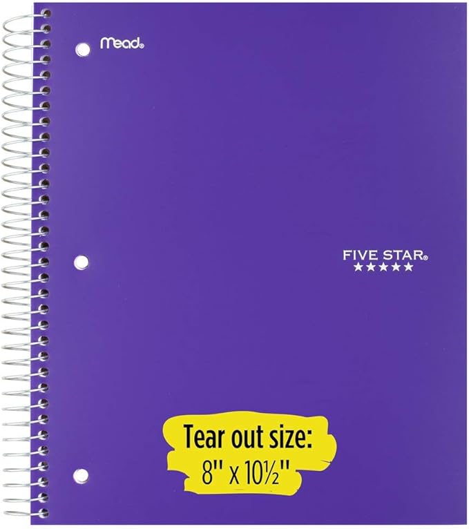 Five Star Spiral Notebooks, 5 Subject, Wide Ruled Paper, 200 Sheets, 10-1/2" x 8", Electric Green, Royal Purple, 2 Pack (38408)