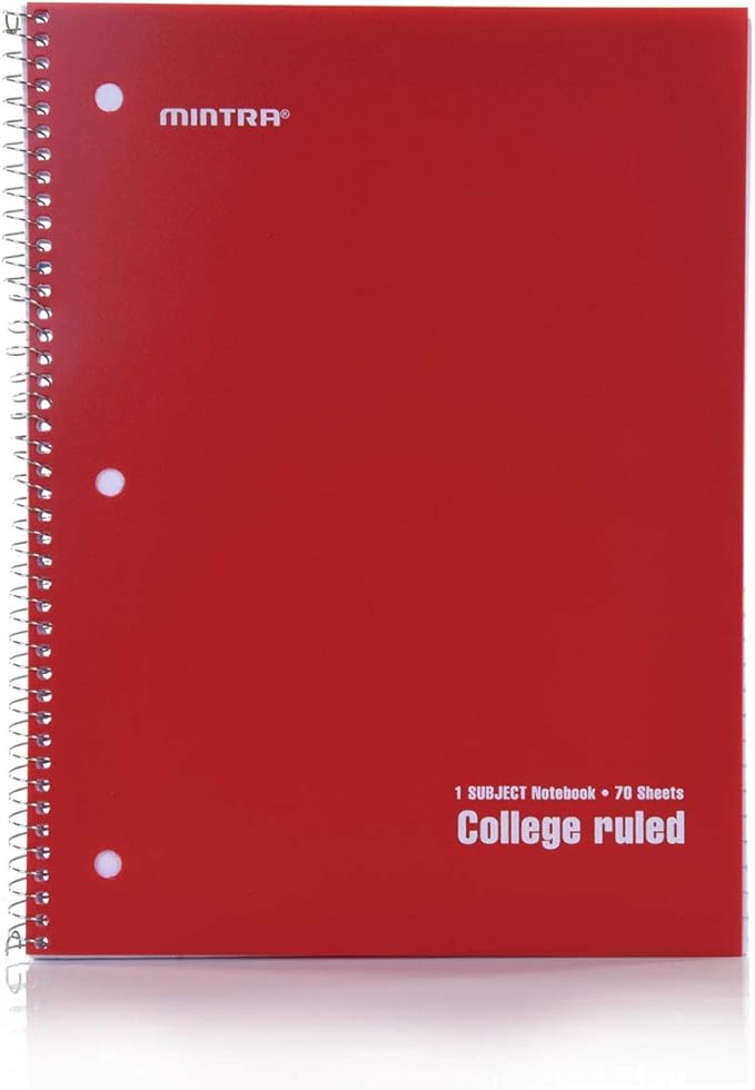 Mintra Office Spiral Notebooks Set - Primary Colors, College Ruled, Poly Waterproof Covers, Journals for School, Work, Business, Writing Pads, Teacher & Student Supplies, 70 Sheets Each, 6-Pack
