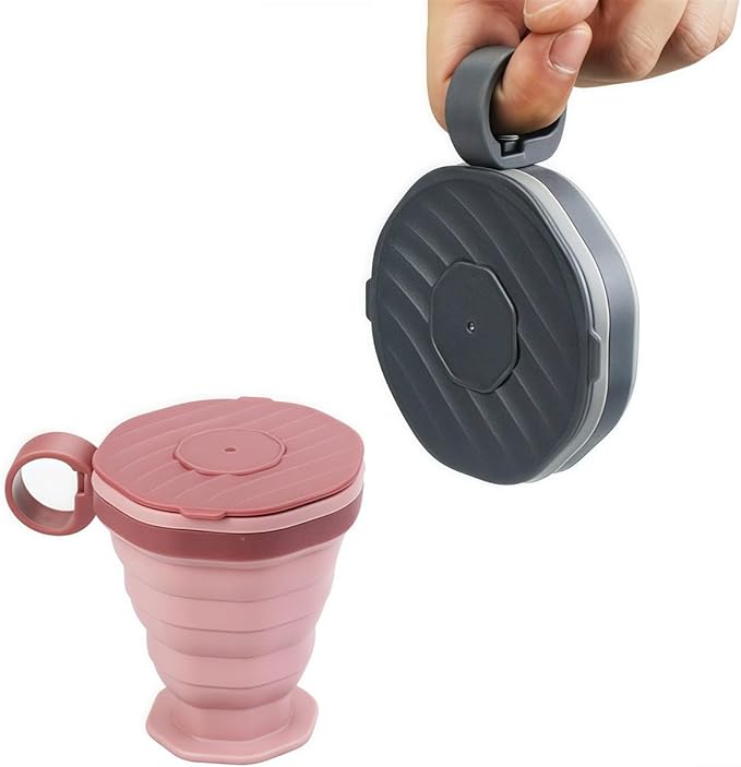 Foldable Silicone Water Cup with Lid, Portable Collapsible Coffee Mug for Travel Camping Hiking, Leak Proof Hot Cold Drinkware, Gray(Pink)