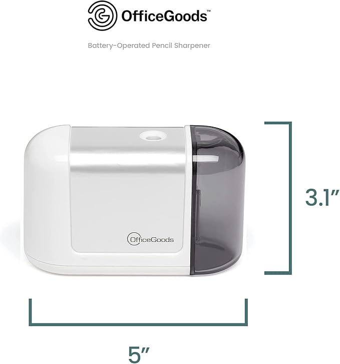 OfficeGoods Mini-Pro Electric Pencil Sharpener - Cordless Portable Sharpener - Battery Operated - Compact & Powerful for Home, Office & School - White