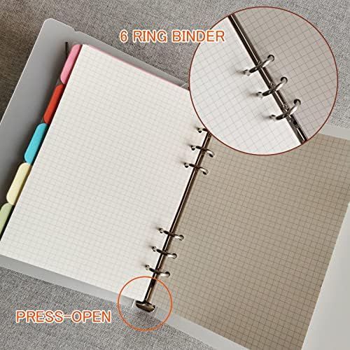 DY.2ten A5 6-Hole Binder Notebook Refills Set - 135 Sheets (270 Pages) Graph Paper + 2pcs A5 Zipper Binder Pockets + 5 Pcs A5 Dividers + Index Note Tabs + index with date + Ruler