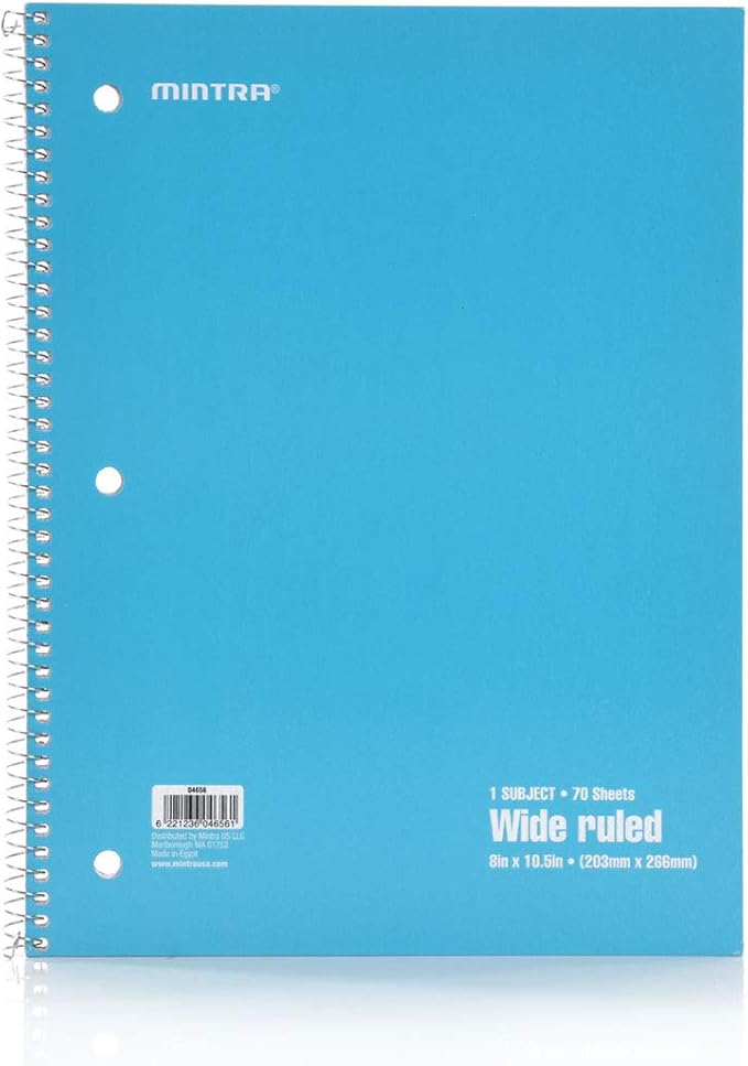 Mintra Office Spiral Notebooks Set - Primary Colors, Wide Ruled, Journals for School, Work, Business, Aesthetic Stationery, Writing Pads, Teacher & Student Supplies, 70 Sheets Each, 6-Pack