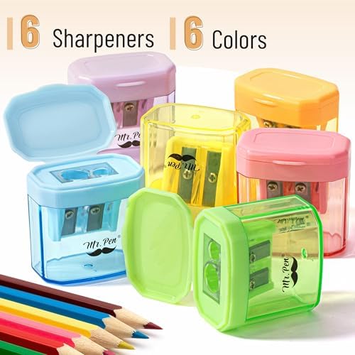 Mr. Pen- Manual Pencil Sharpener, 6 Pack, Colorful, Dual Holes | Compatible with Standard and Jumbo Pencils, Snap-on Lid, Colored Handheld Pencil Sharpener for Artists, Classroom