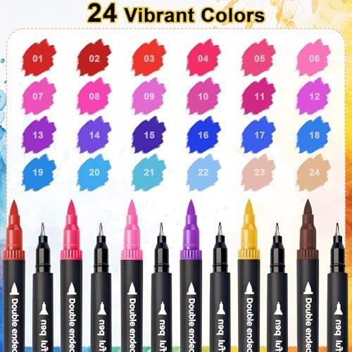 Dual Markers Brush Pens, Art Brush Coloring Markers for Adult Coloring Books, 24Colors Pens for Teens, Double Tip Colored Pen for Journaling Note taking Planner Lettering Calligraphy Drawing