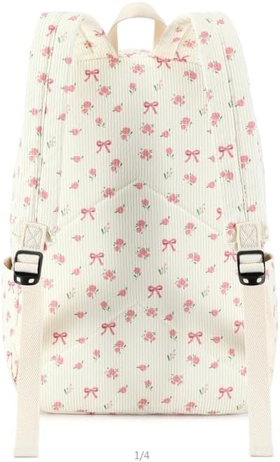 BTOOP School Backpack for Girls Teens Large Corduroy Bookbag Lightweight 15.6 inch Laptop Bag for Women Casual High School College (Pink Bow Floral)