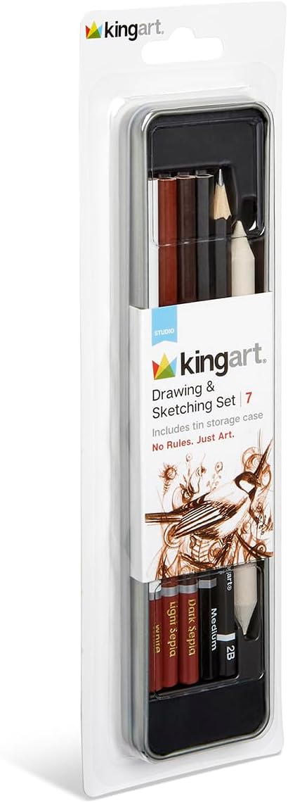 KINGART 7-Piece Mixed Media Drawing & Sketching Set with Metal Storage Tin – Includes Graphite, Charcoal, and Pastel Pencils, Blending Stump, and Case
