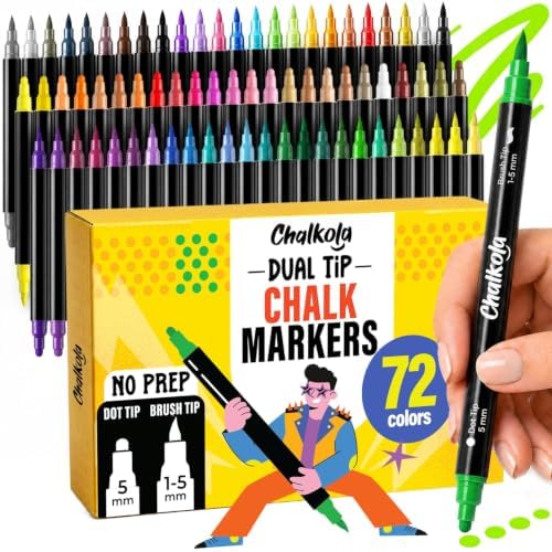 Chalkola 72 Liquid Chalk Markers Dual Tip Dot & Brush - Erasable Chalk Pens