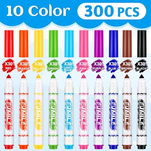 FUMILE 300 Count Washable Markers Bulk,10 Assorted Colors Markers for Kids,Broad Line Conical Tip Coloring Marker Bulk For Student,Back to School Supplies, Teacher Classroom Must Haves & Essentials