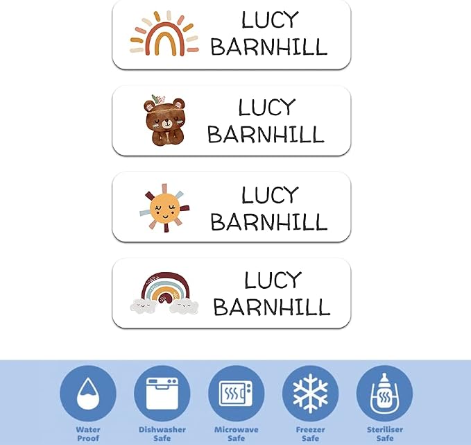 Custom Waterproof Dishwasher Safe Kid Name Labels for Daycare(128 Pack), Camp, School Supply, Baby Bottles, Lunch Boxes and Cups, Travel. Cute Personalized Design Name Stickers (Pattern 12)
