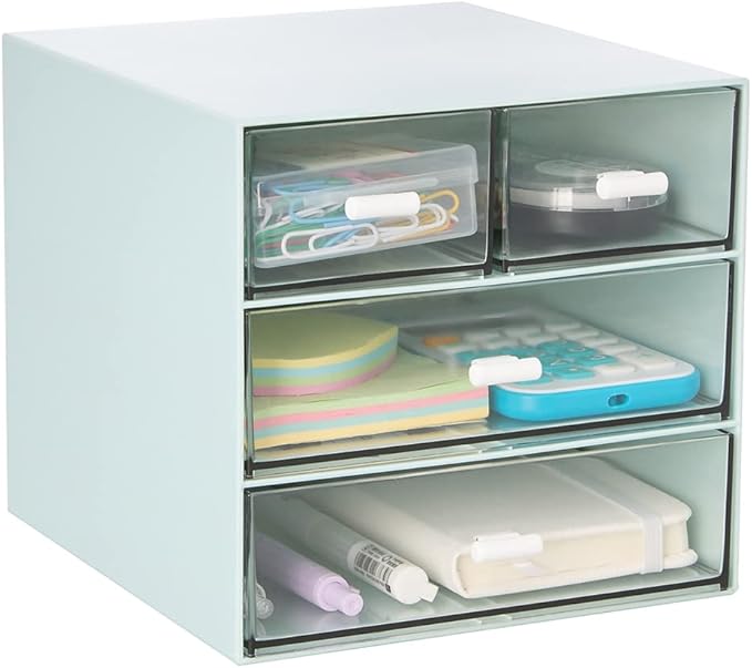 Desk Organizer with 4 Drawers, Clear Plastic Desk Storage Box, Desktop Organization for Office Supplies, Gel Pens, Pencils, Markers, Tape, Erasers, Paperclips, Chargers (Blue)