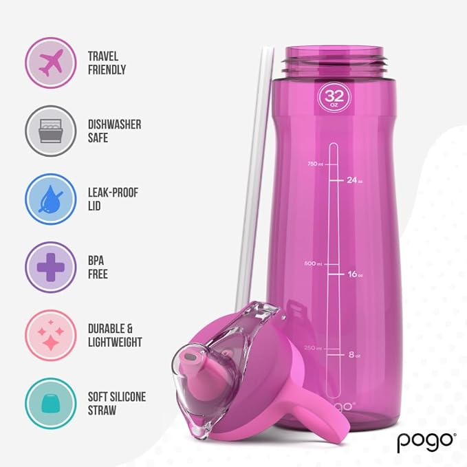 Pogo Plastic Water Bottle with Chug Lid and Carry Handle, Reusable, BPA Free, Dishwasher Safe, Perfect for Travel, School, Outdoors, and Gym, 18oz 32oz 40oz 64oz