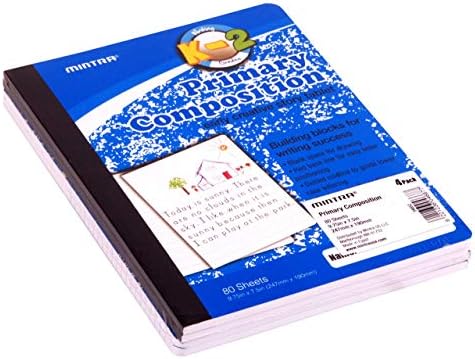 Mintra Primary Composition Notebook, 4 Pack, Blue Cover, 80 Sheets, 7.5in x 9.75in, 1/2 Sheet, Ruled with Drawing Area, Flexible Hardcover Journal, Grades K-2, School & Home Use