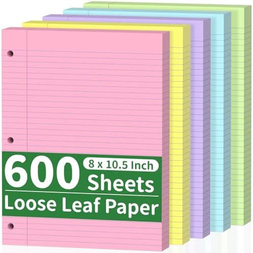 600 Sheets Colored Loose Leaf Paper, 8 x 10.5 In College Ruled Filler Paper