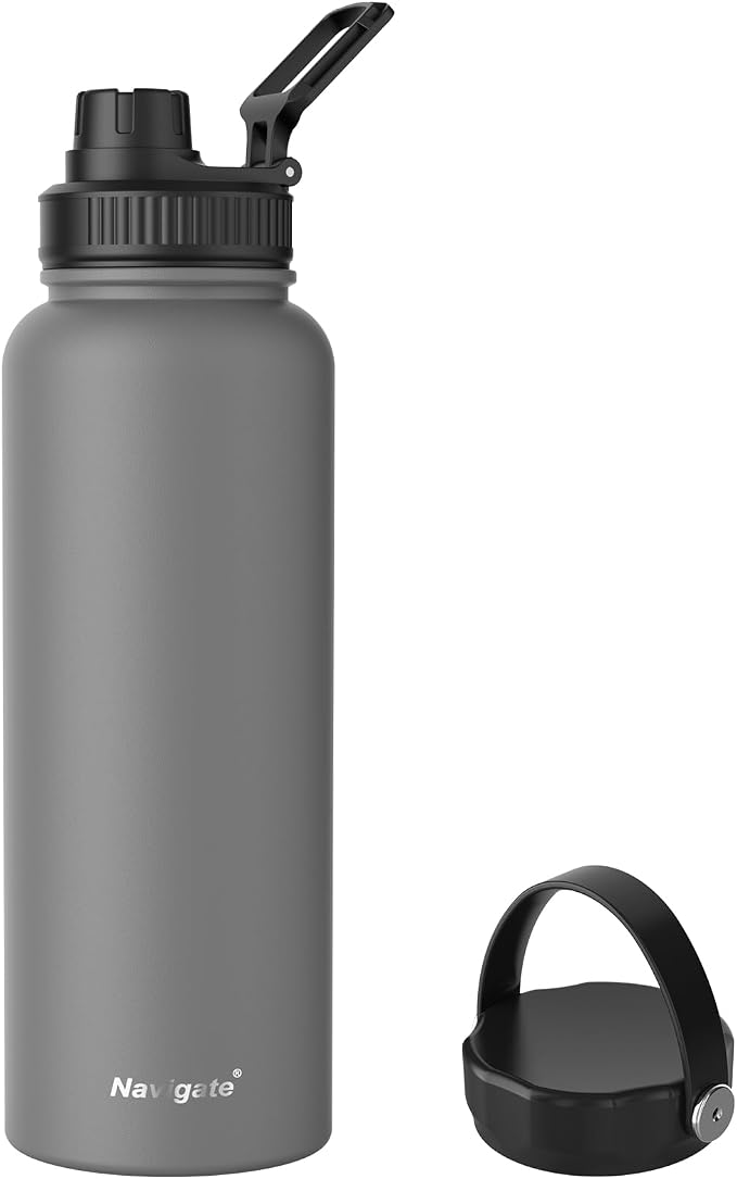 Navigate 40oz Insulated Water Bottle for Sports, Keep Cold 24H | 2-in-1 Spout and Handle Lids, Double Leak-Proof, 18/8 Stainless Steel, BPA-Free, Wide Mouth for Gym and Hiking,Grey