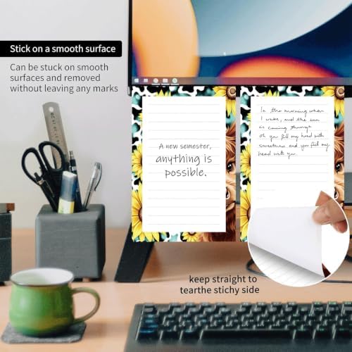 2 Pack Lined Sticky Notes 4x6 in, Cute Self-Stick Notepads with Lines, Large Memo Pads Strong Adhesive for Office, Home Sunflower Cow