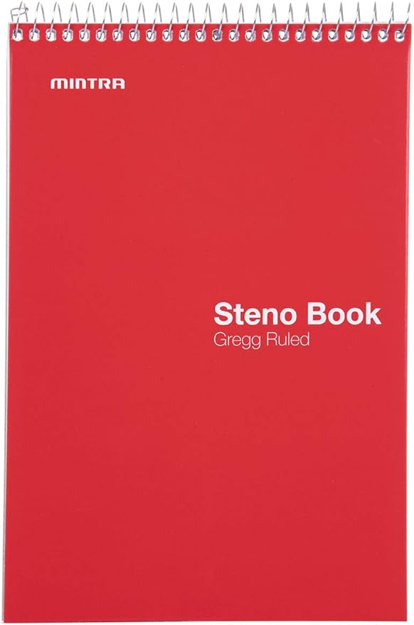 Mintra Office Steno Books Set - Top-Spiral Bound, Gregg Ruled, 70 White Sheets, Poly Primary Color Covered Notebooks for Office, Professional, School & Work, Note-taking, Writing Pads, 6"x9", 4 Pack