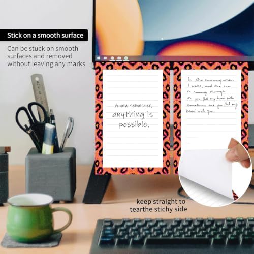 2 Pack Lined Sticky Notes 4x6 in, Cute Self-Stick Notepads with Lines, Large Memo Pads Strong Adhesive for Office, Home Pink Orange Leopard