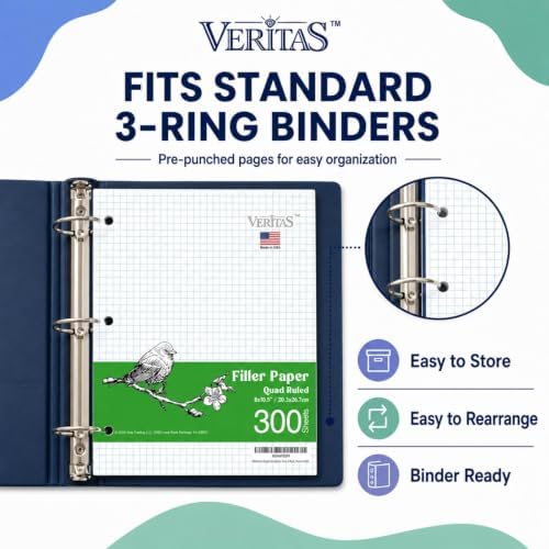 WritePads Graph Paper Loose Leaf Paper, 300 Sheets, 8 x 10.5 Inch 4x4 Quad Ruled Graphing Paper, 3 Hole Punched Filler Notebook Paper for 3 Ring Binders, 65 GSM, Made in USA
