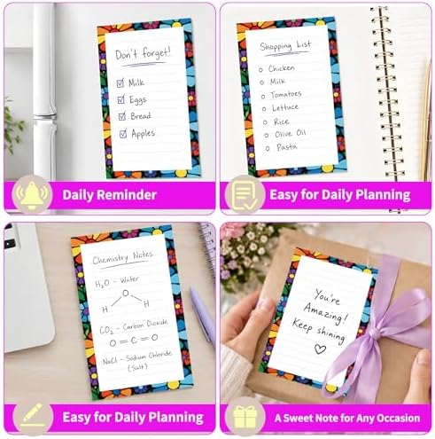 Lined Sticky Notes 4x6 in, 2 Pack Large Cute Notepads with Lines Self-Stick Note Pad, Funny Memo Pads Strong Adhesive for Office, Home Colorful Boho Flowers