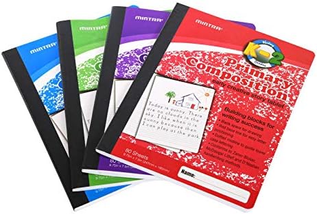 Mintra Primary Composition Notebook, 24 units 6-4 Pack, Assorted Colors, 80 Sheets, 7.5in x 9.75in, 1/2 Sheet, Ruled with Drawing Area, Flexible Hardcover Journal, Grades K-2, School & Home Use