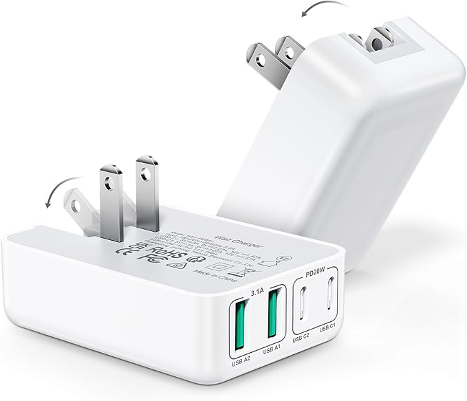 2Pack 40W Flat USB C Wall Charger, 4Ports Foldable & Slim Fast Charging Blocks, Multiport Type C Cube Box Power Adapter Plug, Boxeroo USB C Charger Block Brick for iPhone Samsung Tablet (White White)